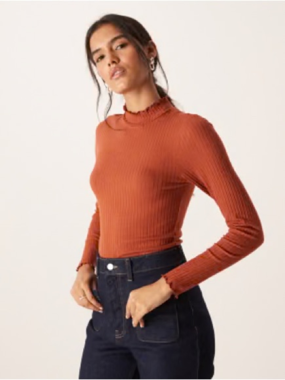 Ribbed Mock-Neck Long Sleeve Top in Rust